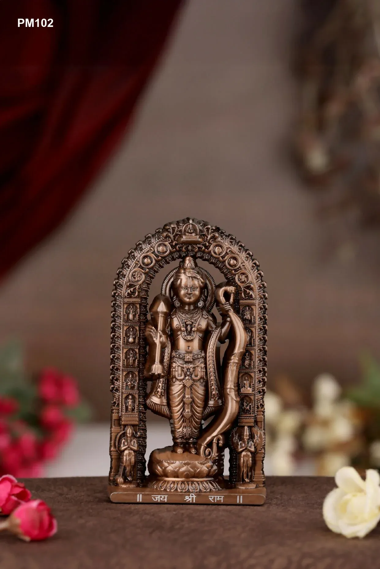Antique Copper Finish Lord Rama Idol with Arch Frame Spiritual Home Décor Statue - Detailed Feature View 7