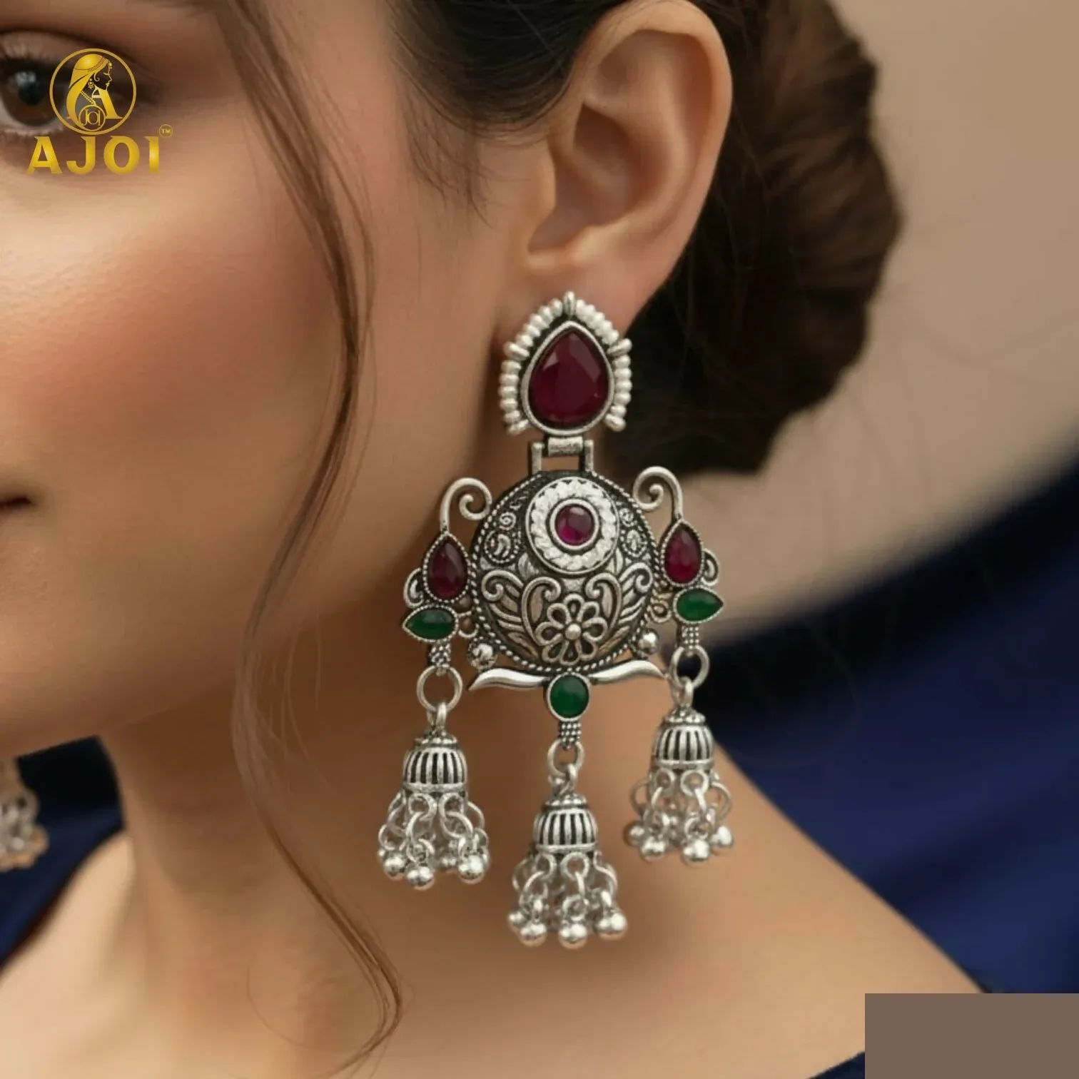 Ruby Chandbali Earrings – Ethnic Designer Jhumka with Pearls - Detailed Feature View 1