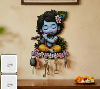 Krishna Wooden Wall Key Holder – Self-Adhesive 6 Hooks for Organized Entryway