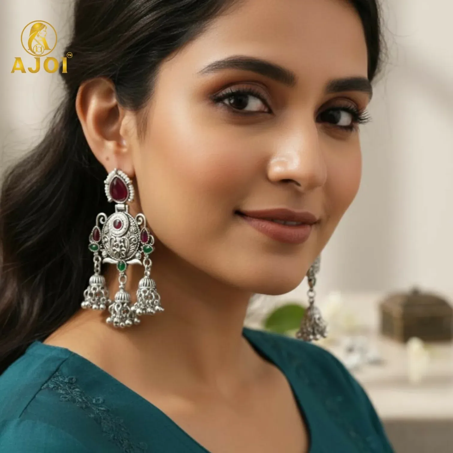 Ruby Chandbali Earrings – Ethnic Designer Jhumka with Pearls - Detailed Feature View 5
