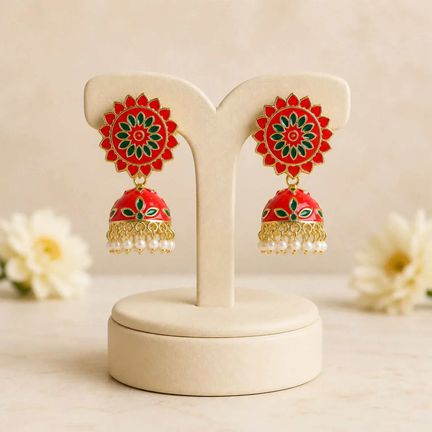 Jhumka Earrings – Traditional Floral Enamel Drop Design for Celebrations - Detailed Feature View 2