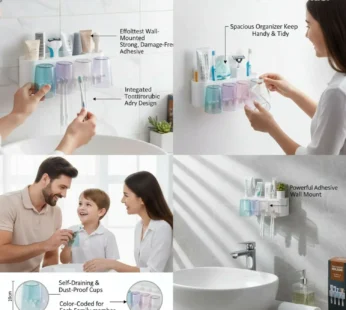 Toothbrush Holder with 8 Slots & 4 Cartoon Cups – Family Organizer