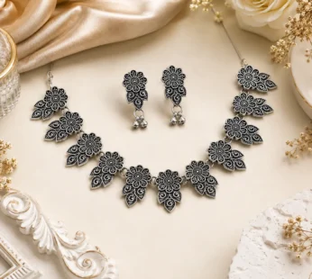 Oxidised Silver Floral Necklace Set for Women | Traditional Flower Design Choker with Matching Earrings