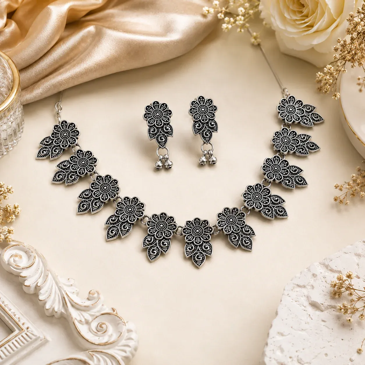Premium Oxidised Silver Floral Necklace Set for Women | Traditional Flower Design Choker with Matching Earrings - Buy Online at Alikart