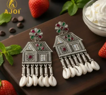 Oxidized Silver House Earrings – Multicolor Stones & Shell Danglers