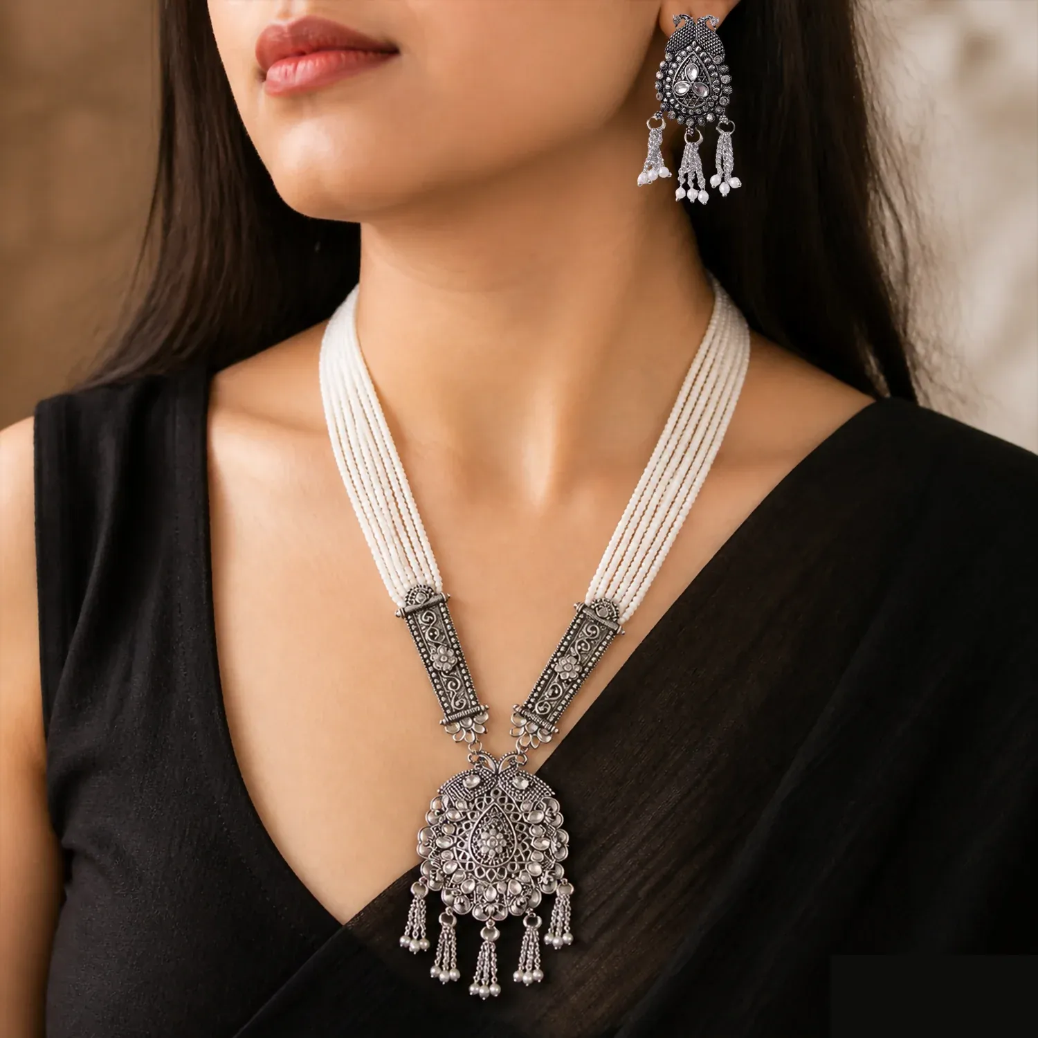 Traditional Pearl Necklace Set – Elegant Cotton & Designer Touch - Detailed Feature View 1