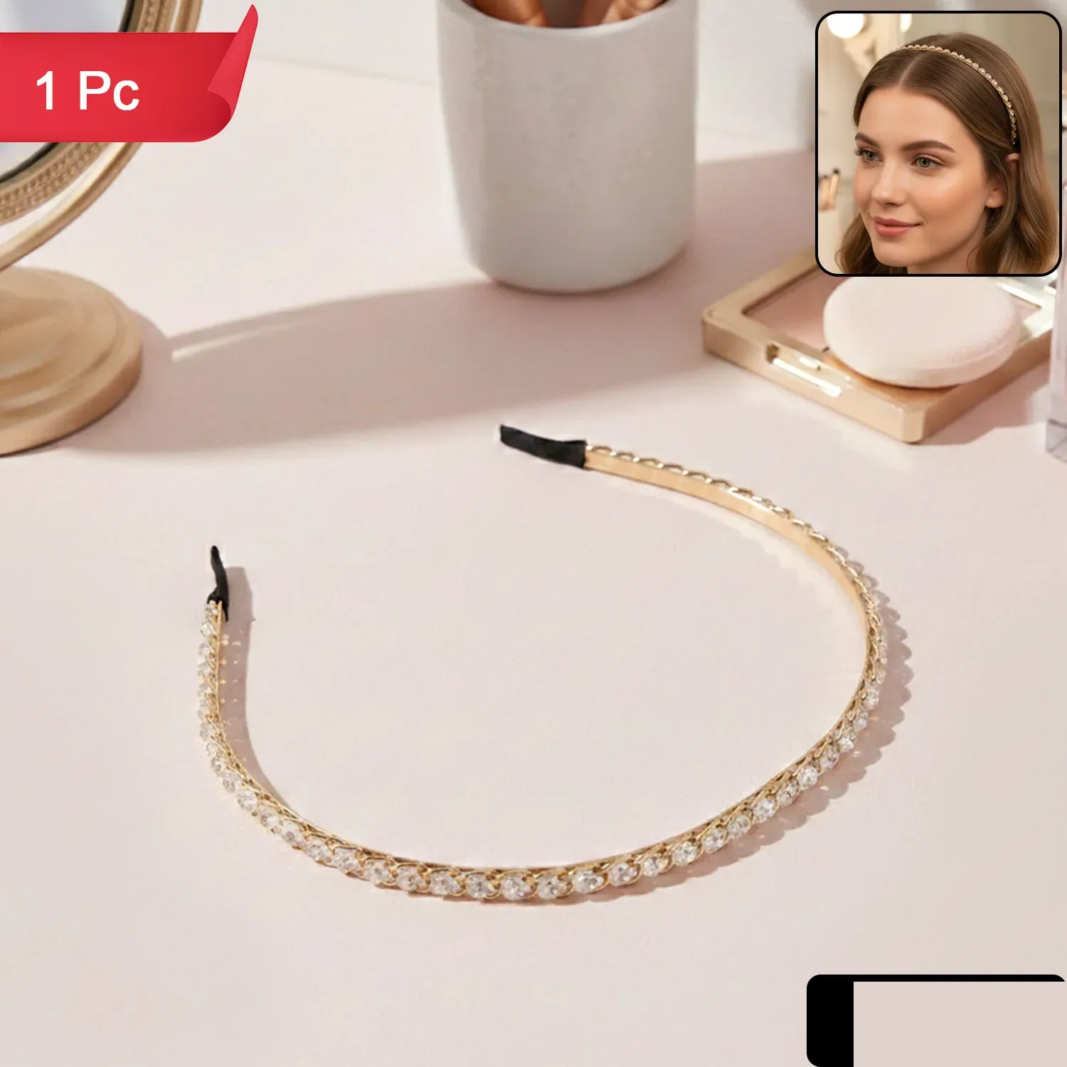 Crystal Studded Metal Hair Band – Elegant Party Accessory - Detailed Feature View 1