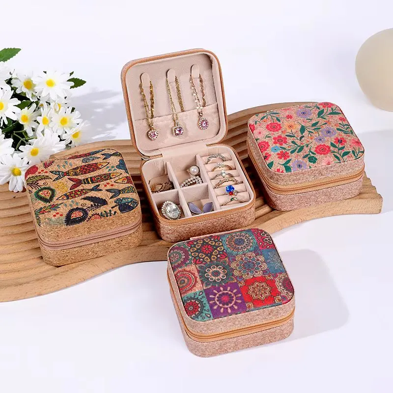 Premium Vintage Small Jewellery Case Box Organizer – Portable Square Cork Jewelry Box for Rings, Necklaces & Earrings (Random Print-Pack of 1) - Buy Online at Alikart