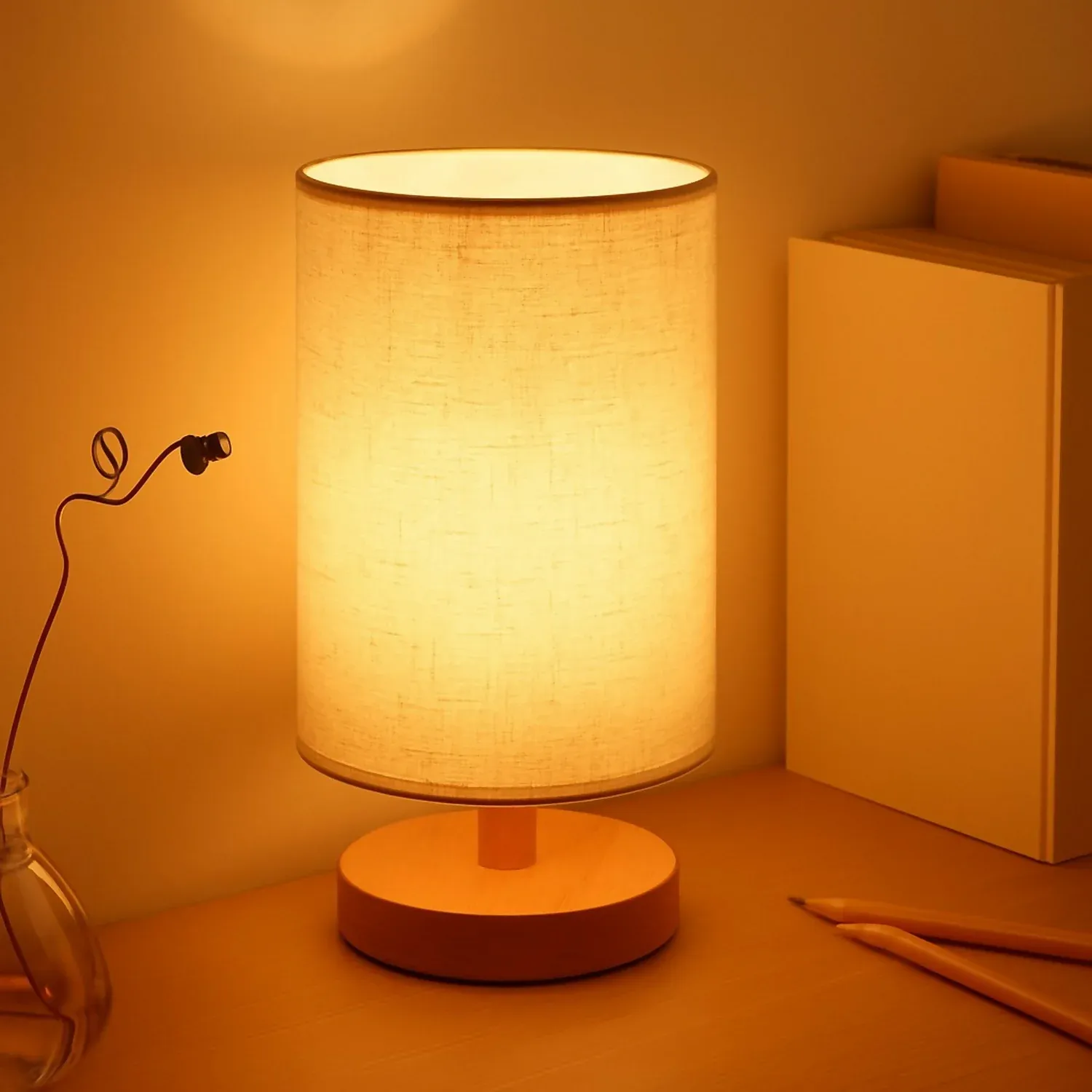 Fabric Shade Table Lamp – Warm Ambient Light with Wooden Base