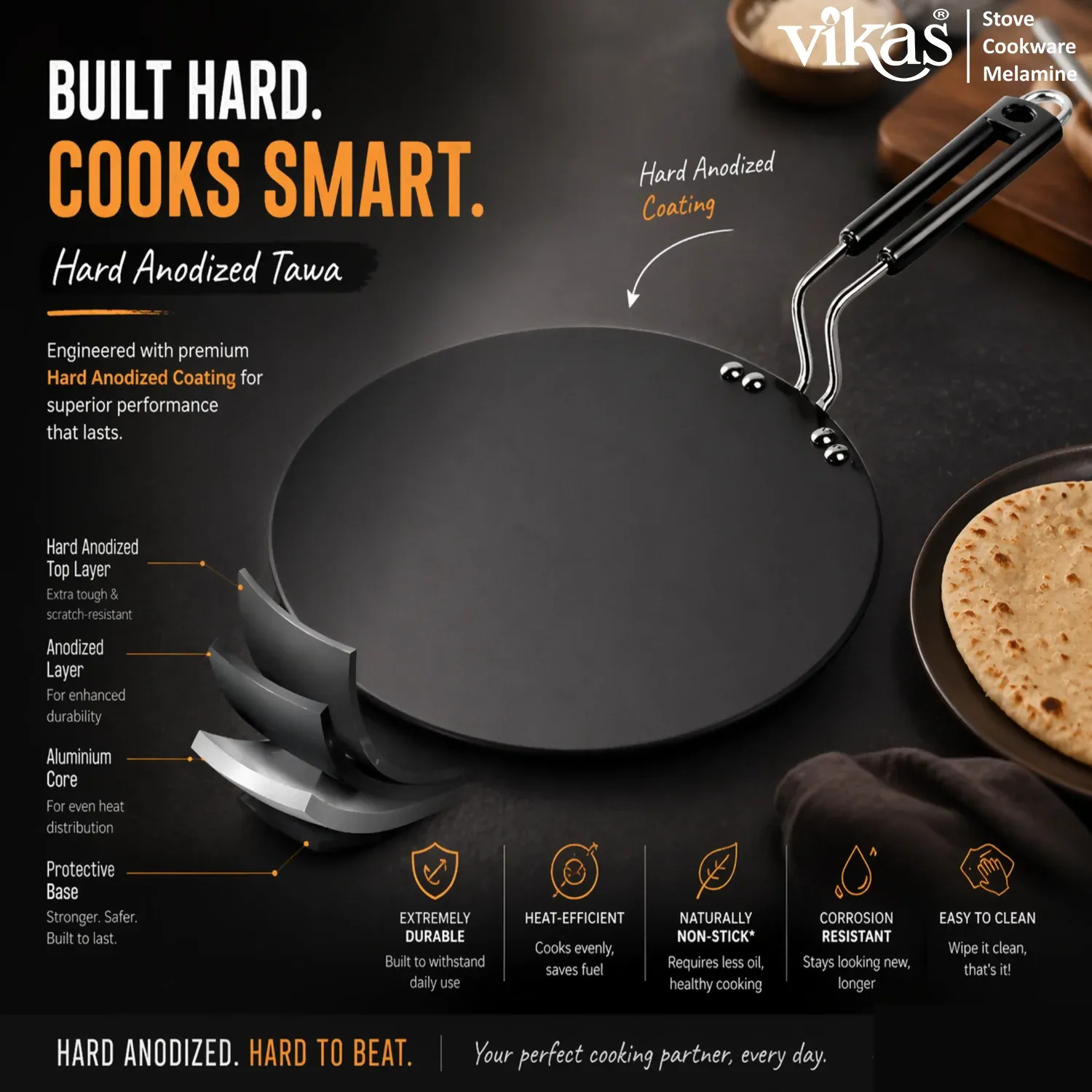 Vikas Hard Anodized Roti Tawa – Even Heat & Non-Reactive Surface - Detailed Feature View 1