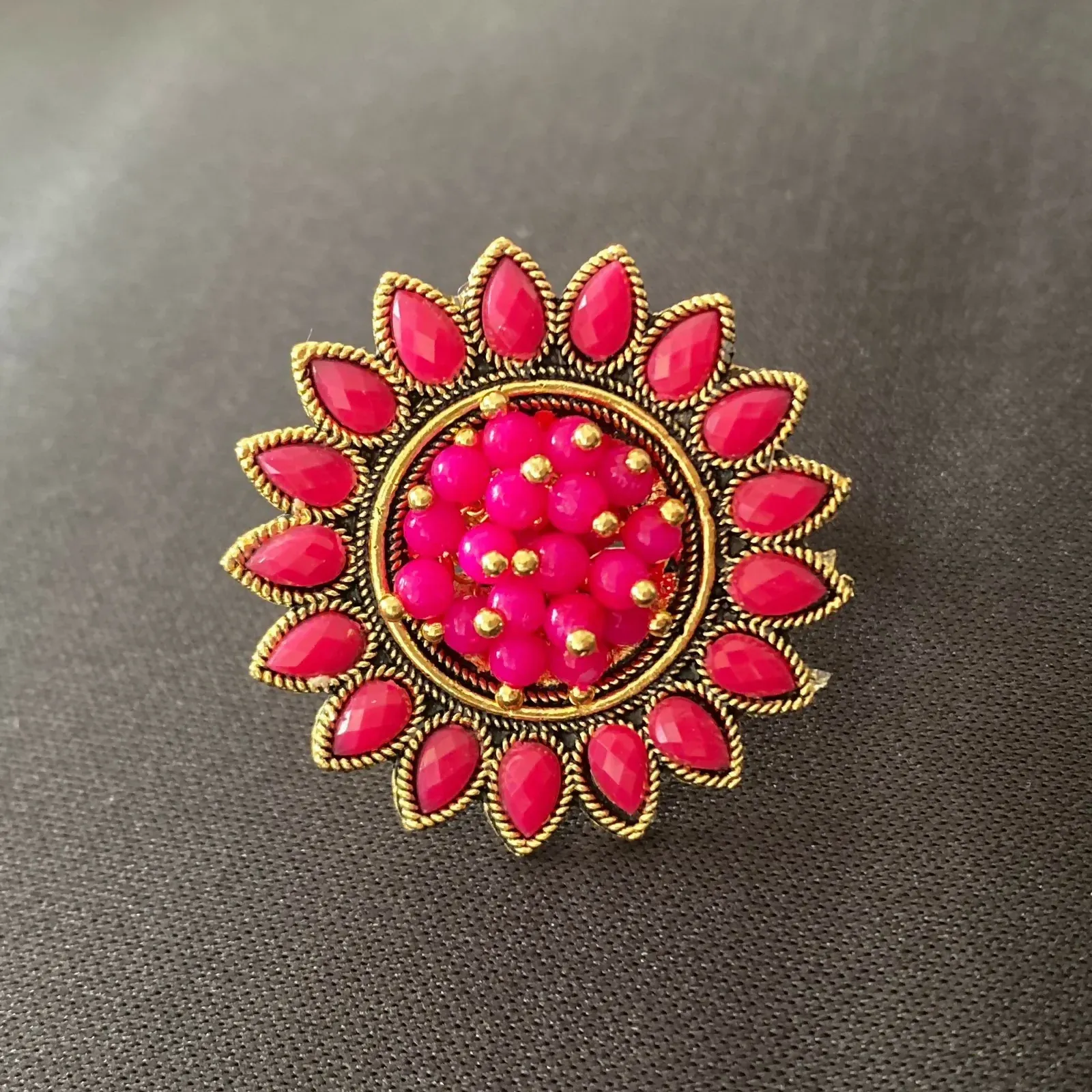 Elegant Pink Floral Statement Ring for Women | Vintage Gold Finish - Detailed Feature View 3
