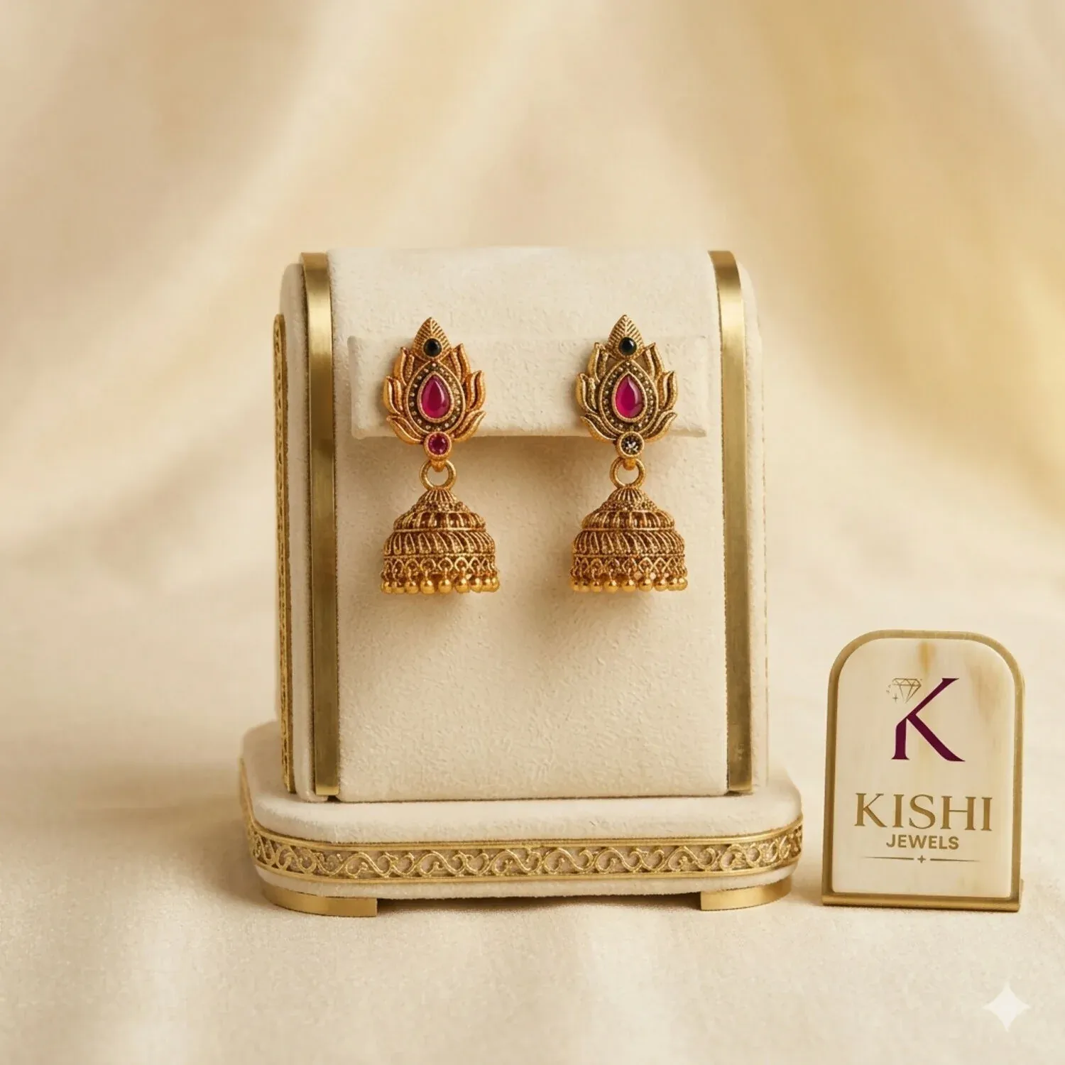 Antique Gold-Plated Matte South Indian Temple Jhumka Earrings with Ruby Leaf Stud - Detailed Feature View 1