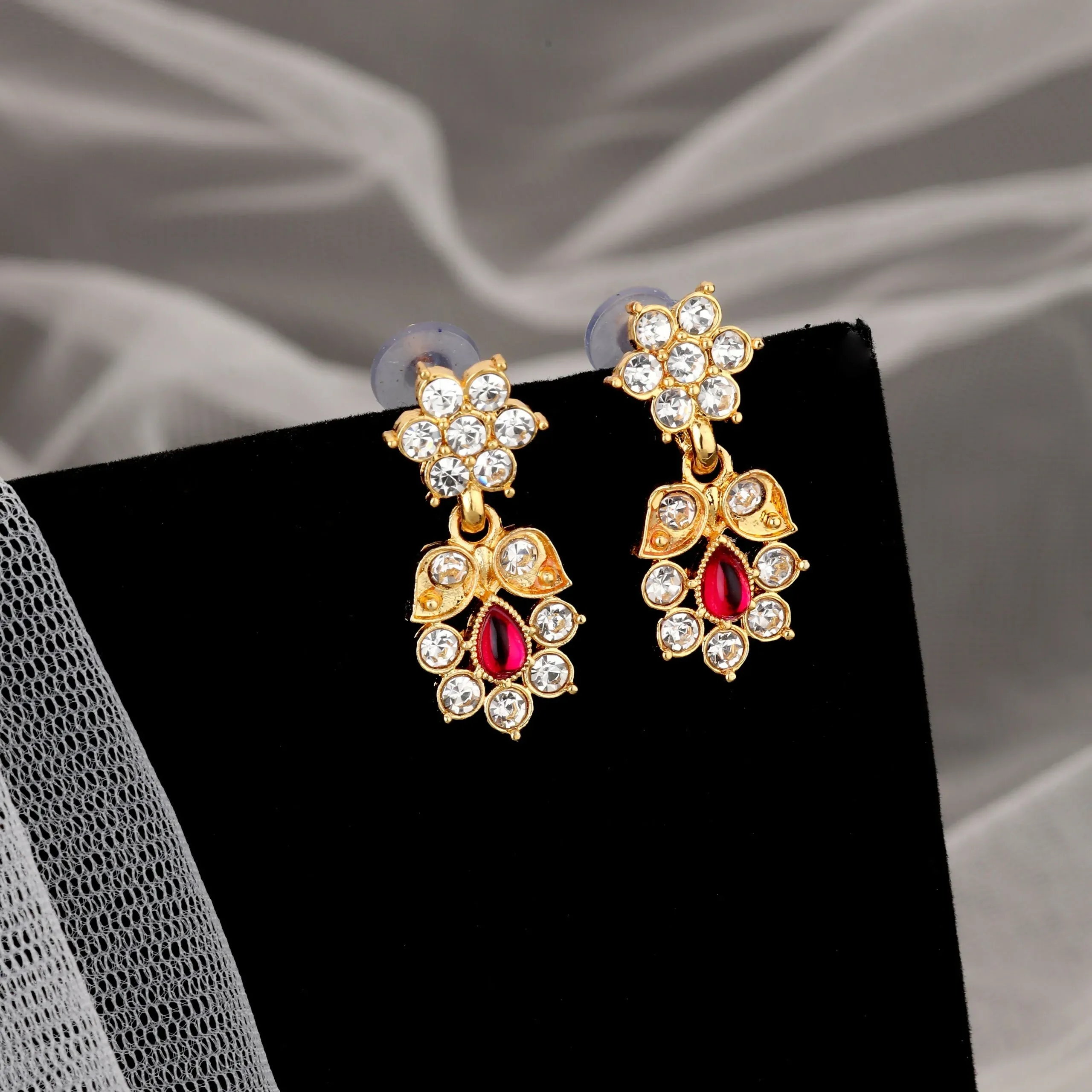 Gold-Toned Ruby & American Diamond Floral Necklace Set – Elegant Design - Detailed Feature View 1