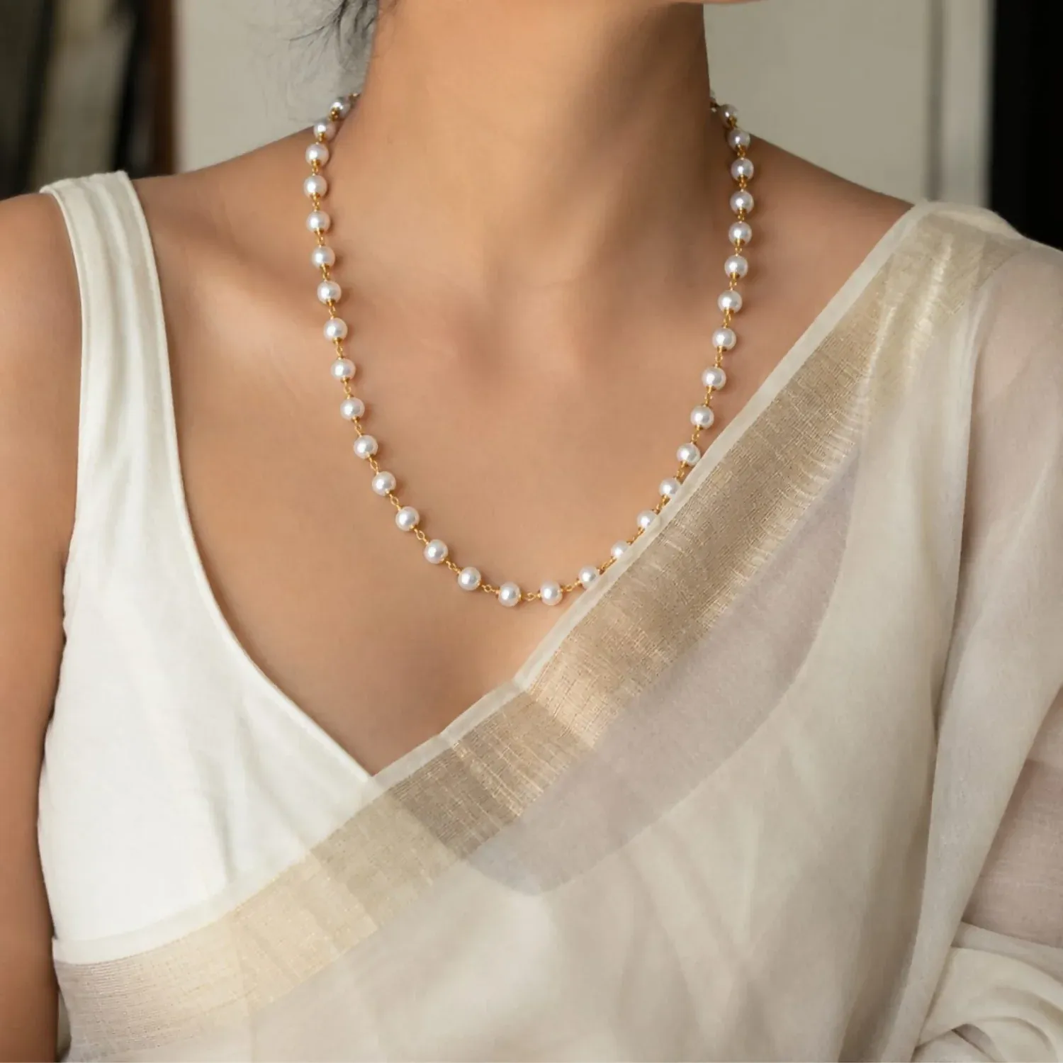 Traditional White Pearl Mala for Women Gold Tone Beaded Ethnic Jewe... - Detailed Feature View 2