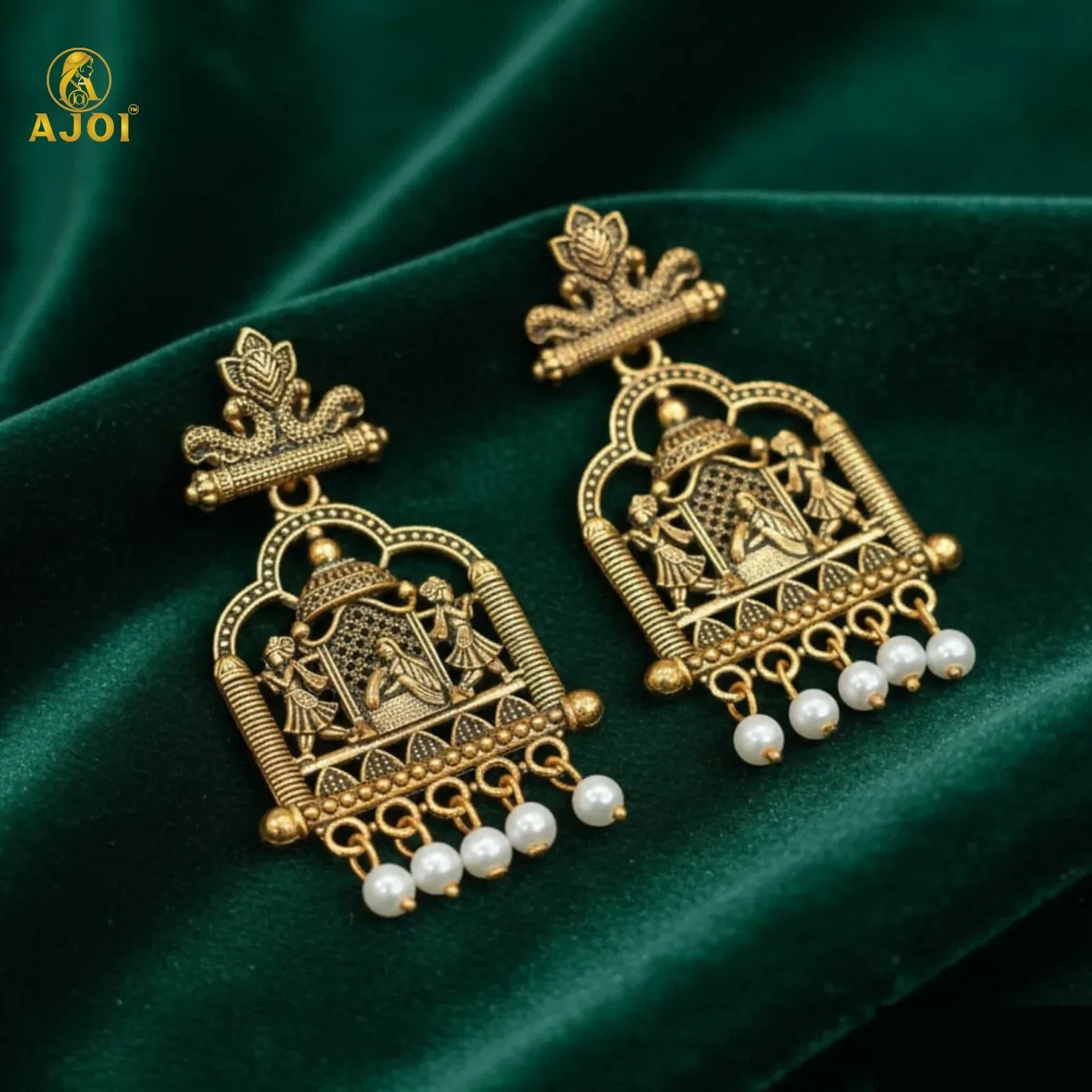 Premium Royal Doli Motif Temple Earrings – Gold-Tone with Pearl Danglers - Buy Online at Alikart