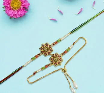 Bhaiya Bhabhi Rakhi Set – Floral Meenakari & Pearl Lumba Design
