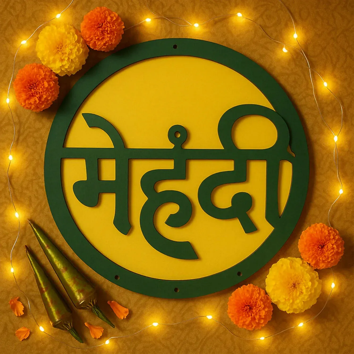 Mehendi Ceremony Wall Hanging – Green & Yellow Hindi Decor - Detailed Feature View 2