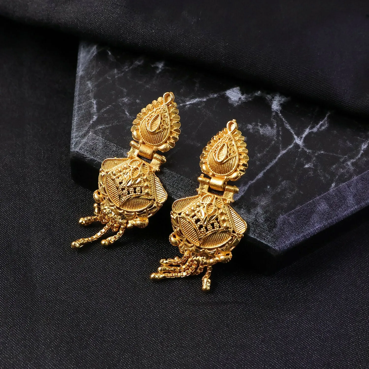 Gold Dangle Earrings – Festive Intricate Carved Design - Detailed Feature View 1