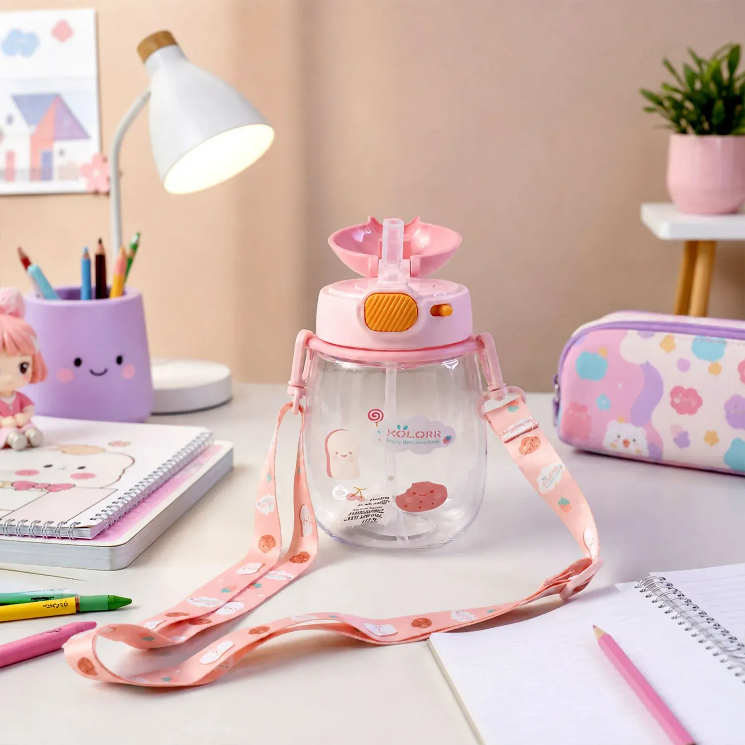 Premium KOLORR Kids Bunny Sipper Water Bottle with Straw & Carry Strap (600ML) - Buy Online at Alikart