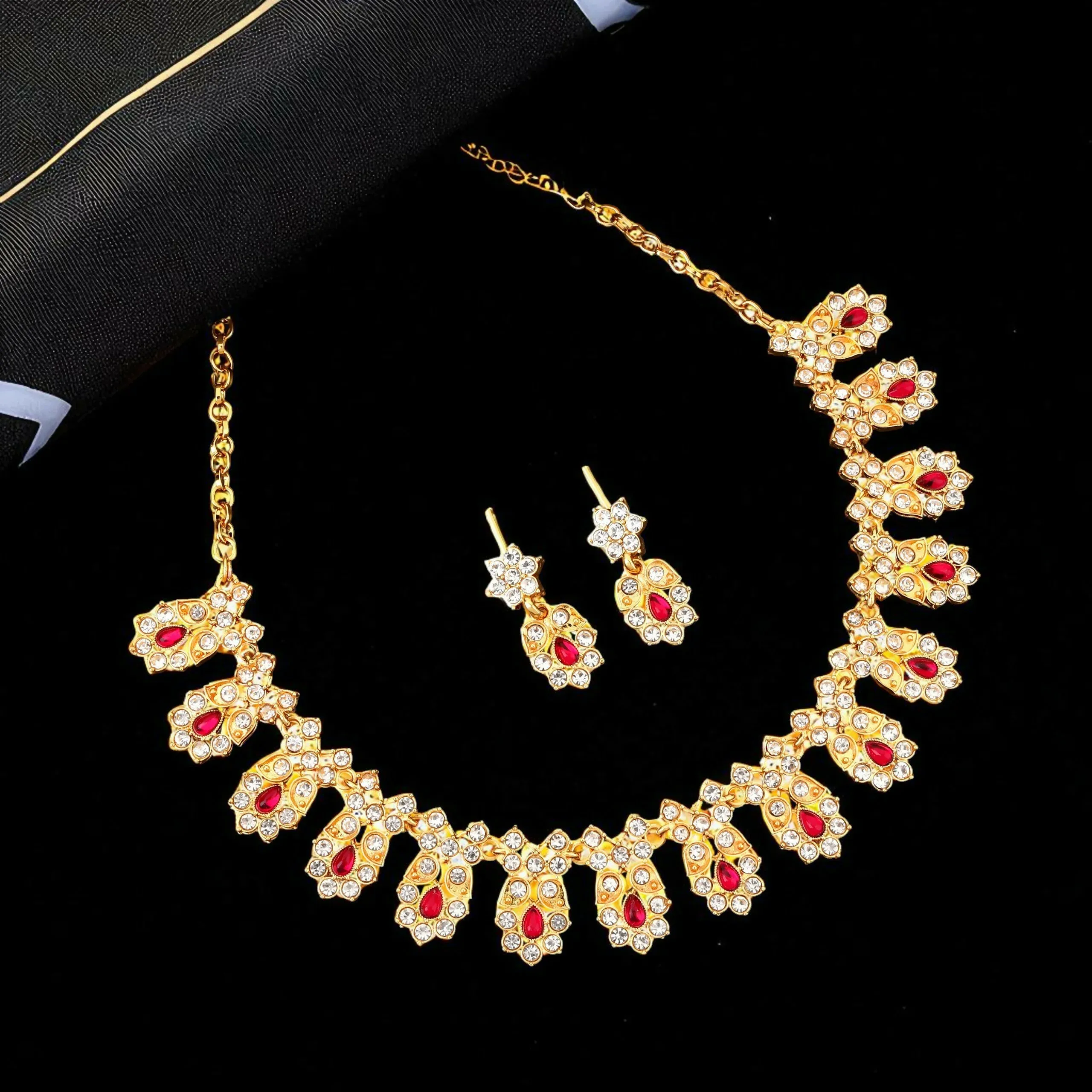 Gold-Toned Ruby & American Diamond Floral Necklace Set – Elegant Design - Detailed Feature View 2