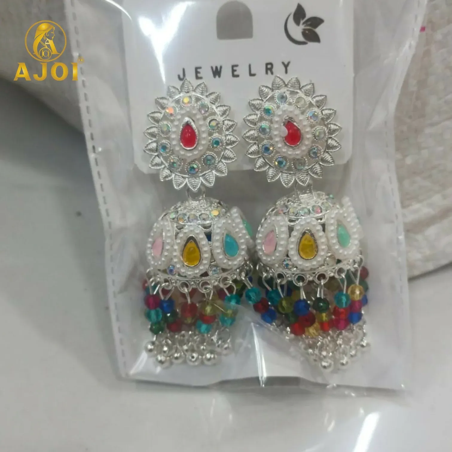 Silver Kundan Jhumka Earrings – Multicolor Tassels & Pearl Accents - Detailed Feature View 4