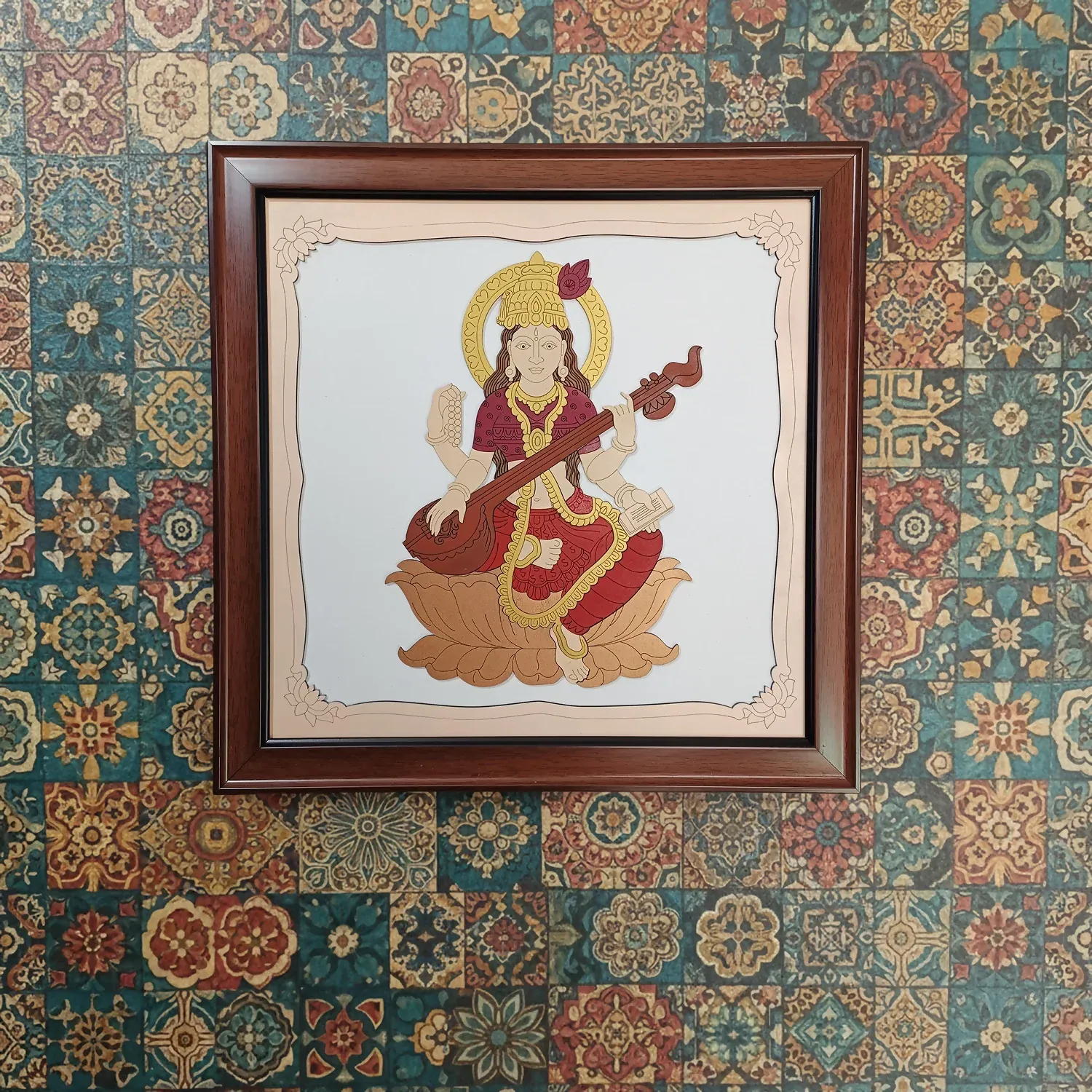 Premium Goddess Saraswati Wooden Framed Wall Art – Handcrafted Spiritual Decor - Buy Online at Alikart