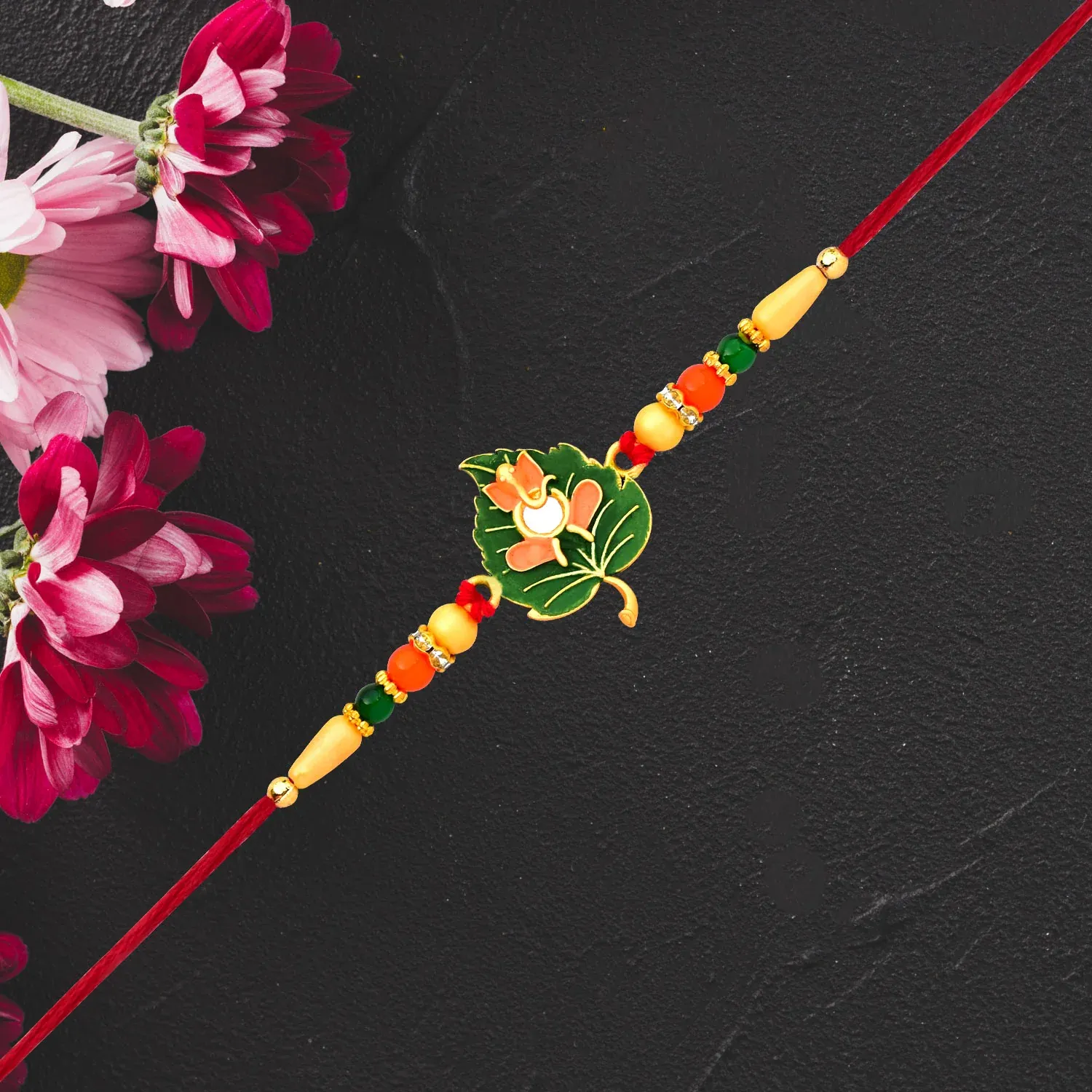 Tulsi Leaf Rakhi – Spiritual Blessings & Beaded Design - Detailed Feature View 1
