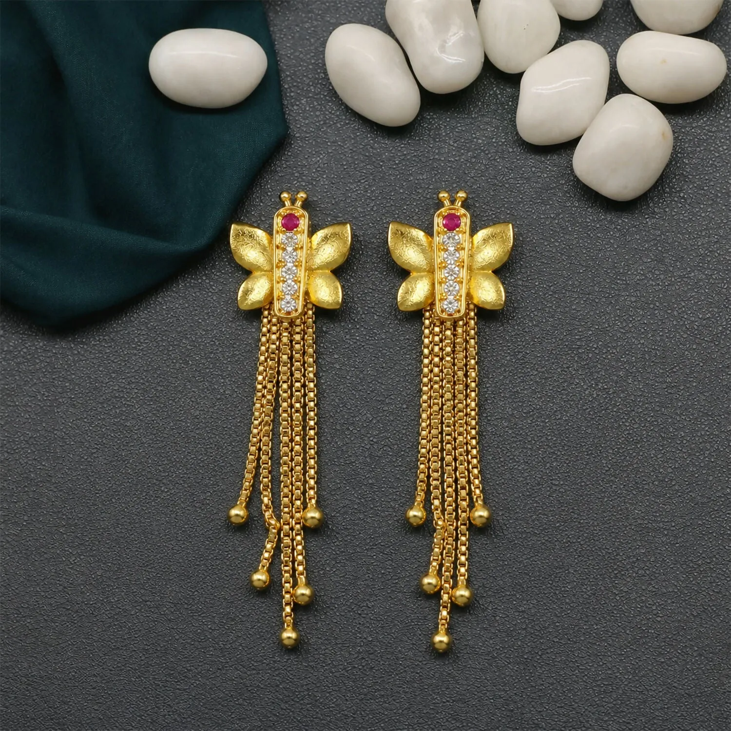 Gold Insect-Shaped Dangle Earrings, Multi-Strand Chain Tassels & Fl... - Detailed Feature View 2