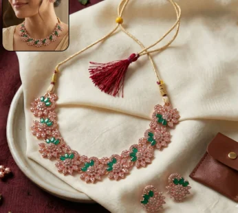 Rose Gold Floral Necklace & Earrings Set – Vibrant Green Stones for Elegant Looks