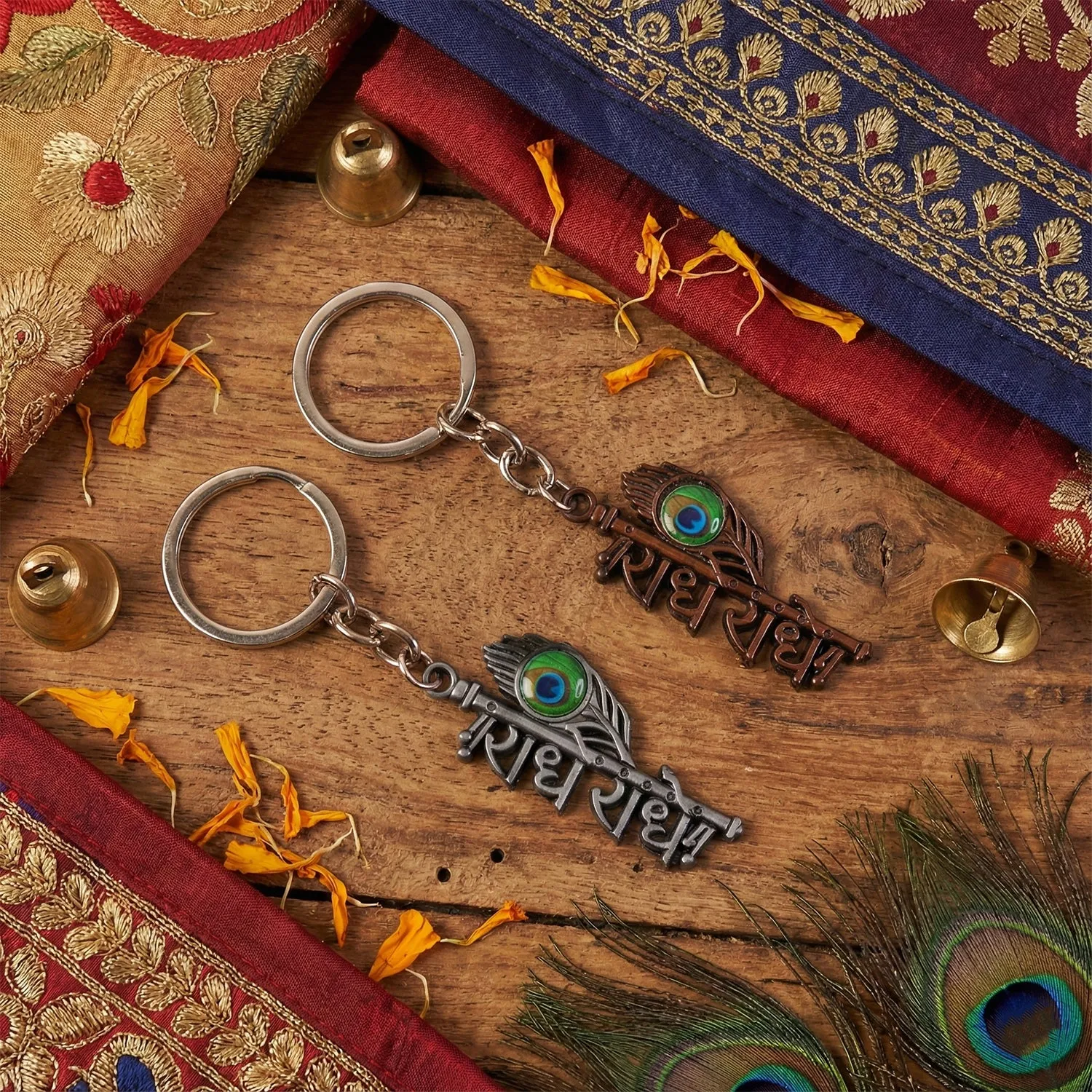 Premium Radhe Radhe Metal Keychain – Elegant Copper Finish & Peacock Design - Buy Online at Alikart