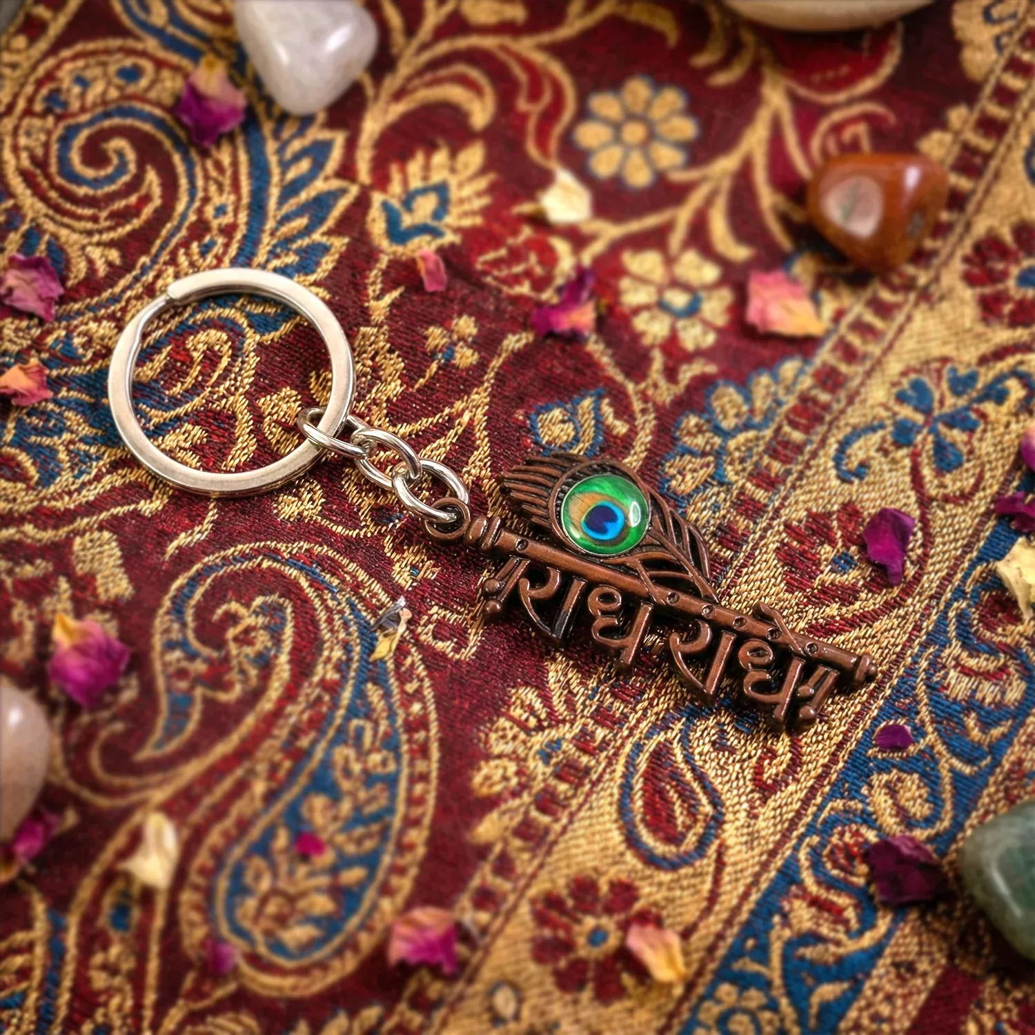 Radhe Radhe Metal Keychain – Elegant Copper Finish & Peacock Design - Detailed Feature View 9
