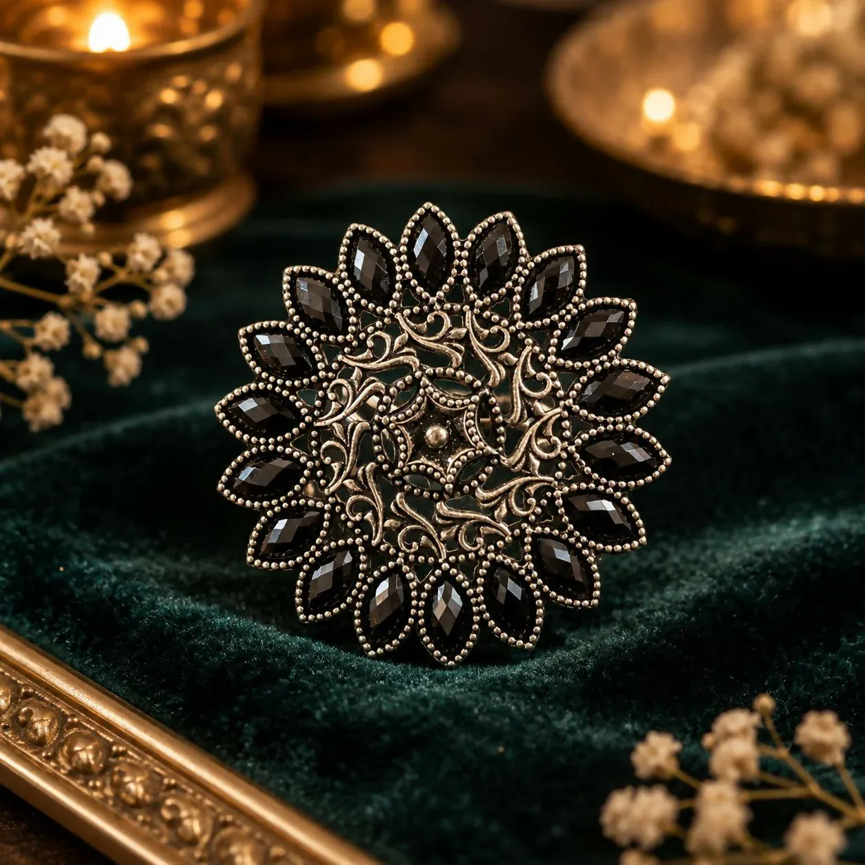Premium Black Beaded Floral Adjustable Finger Ring – Ethnic & Festive - Buy Online at Alikart