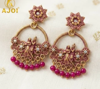 Ethnic Earrings – Antique Pink Radha Krishna Beaded Chandbali for Women