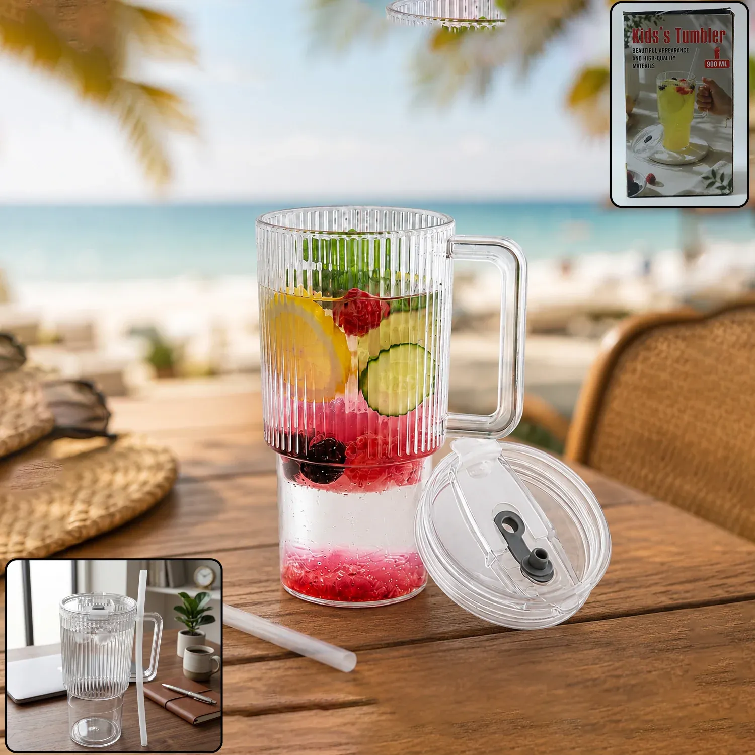 Premium Kids Tumbler 900ml with Handle Lid and Straw Ribbed Water Sipper Cu... - Buy Online at Alikart