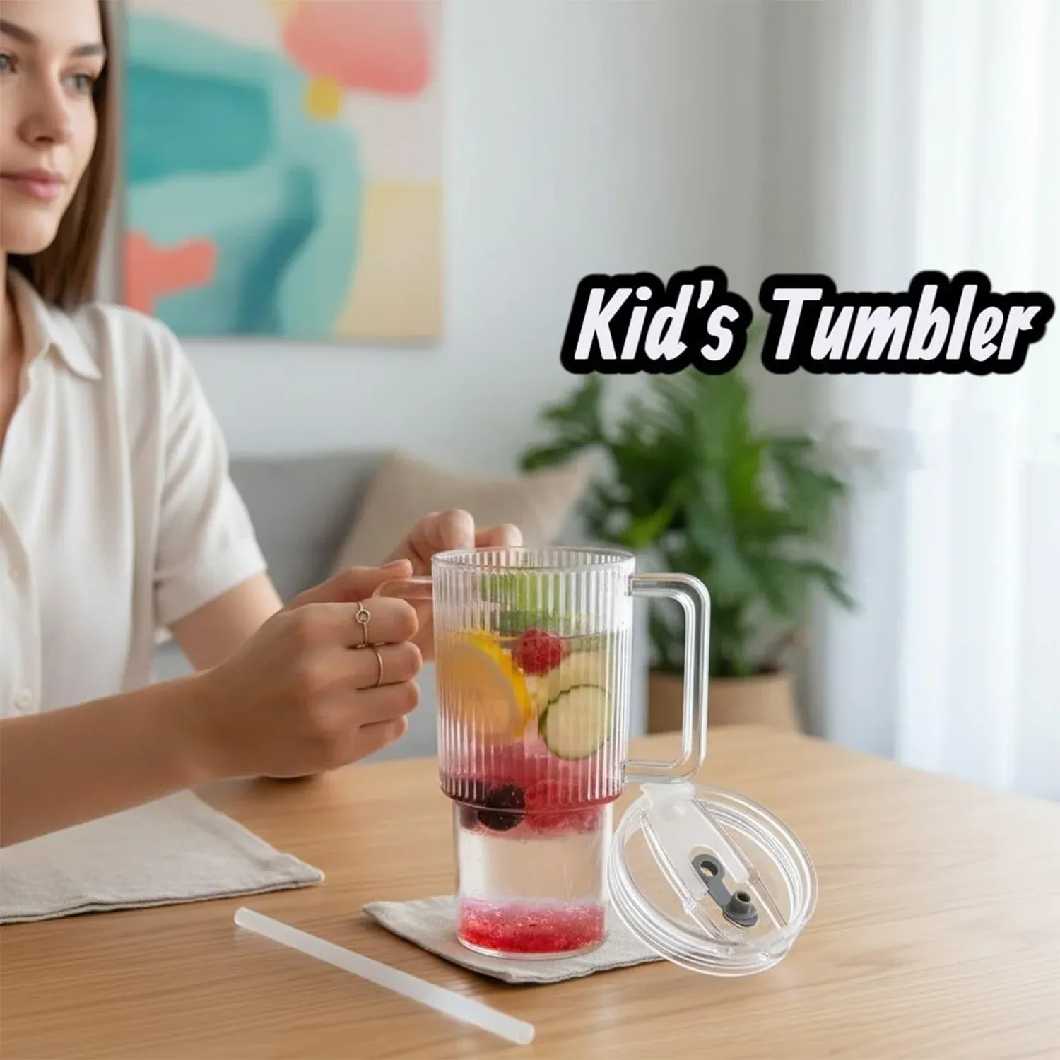 Kids Tumbler 900ml with Handle Lid and Straw Ribbed Water Sipper Cu... - Detailed Feature View 8