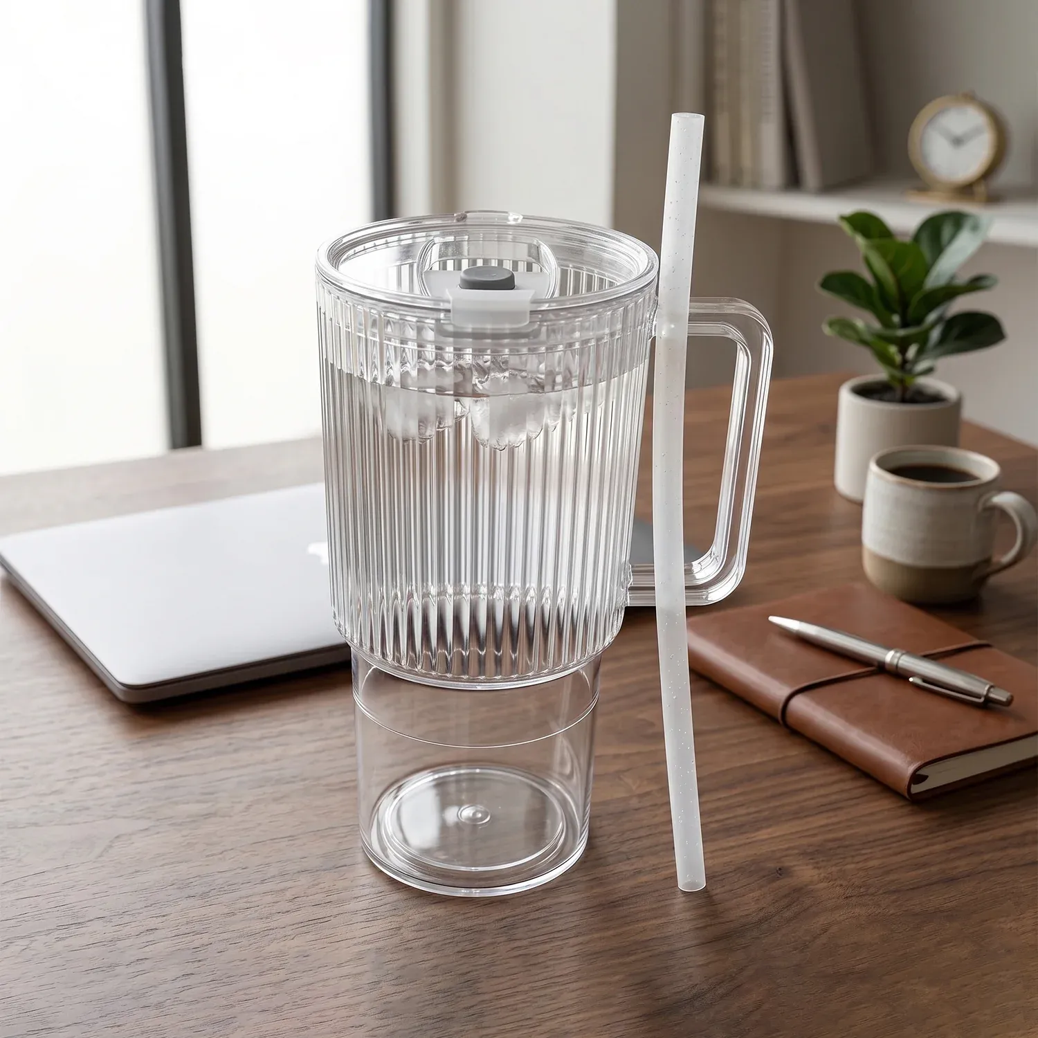 Kids Tumbler 900ml with Handle Lid and Straw Ribbed Water Sipper Cu... - Detailed Feature View 2