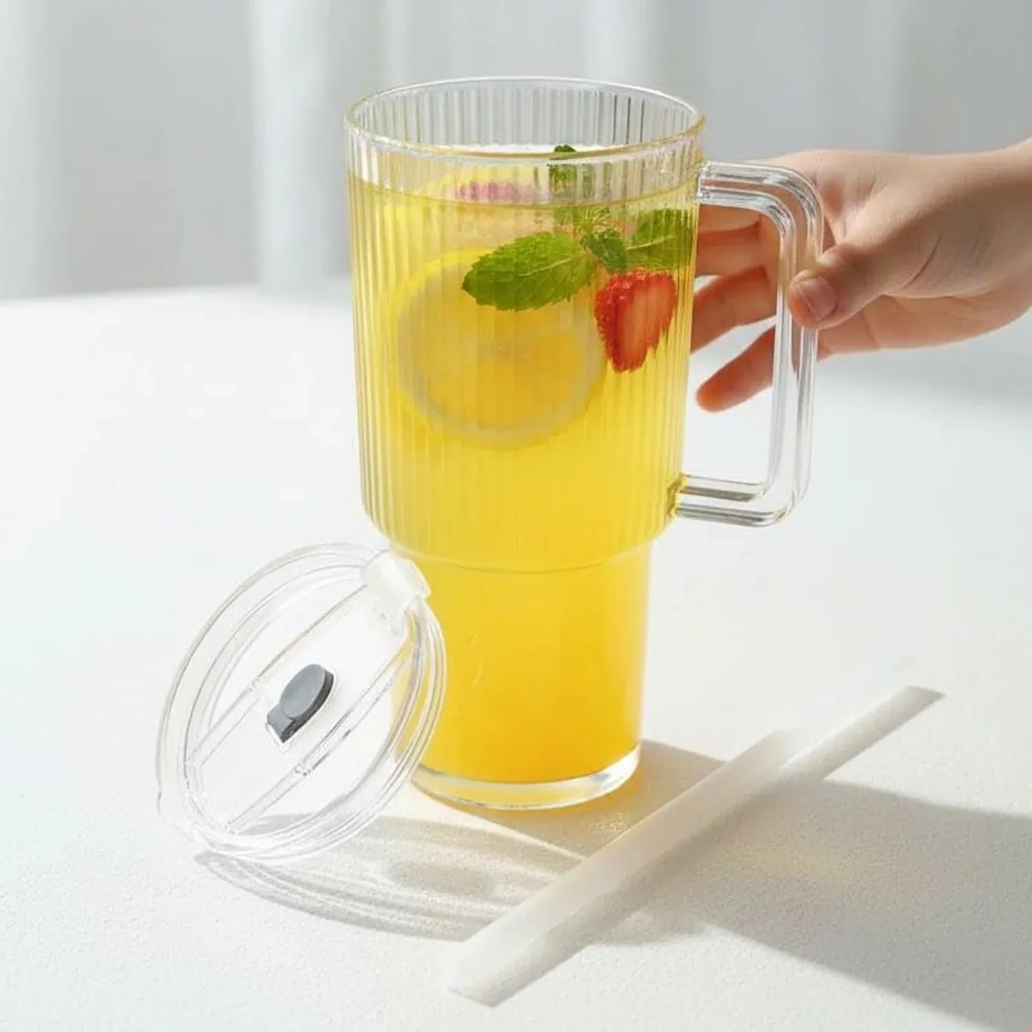 Kids Tumbler 900ml with Handle Lid and Straw Ribbed Water Sipper Cu... - Detailed Feature View 3