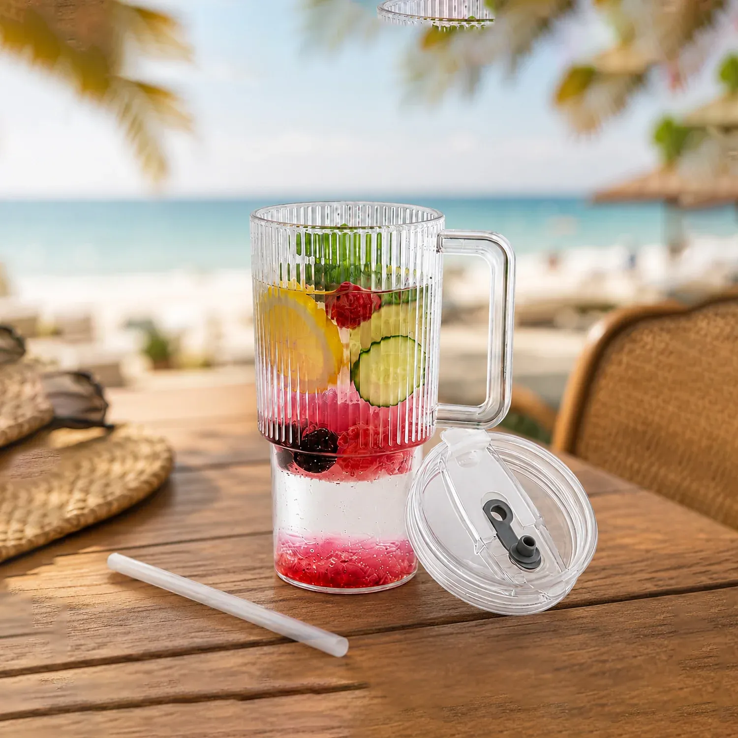 Kids Tumbler 900ml with Handle Lid and Straw Ribbed Water Sipper Cu... - Detailed Feature View 6
