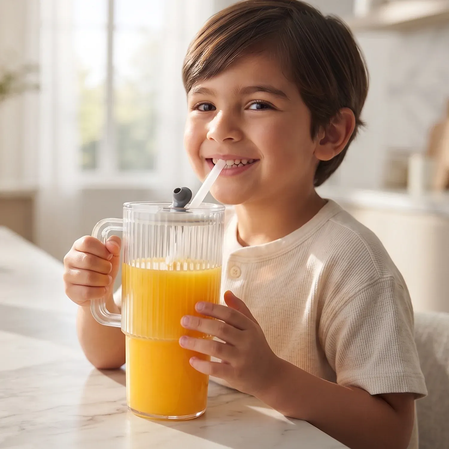 Kids Tumbler 900ml with Handle Lid and Straw Ribbed Water Sipper Cu... - Detailed Feature View 7