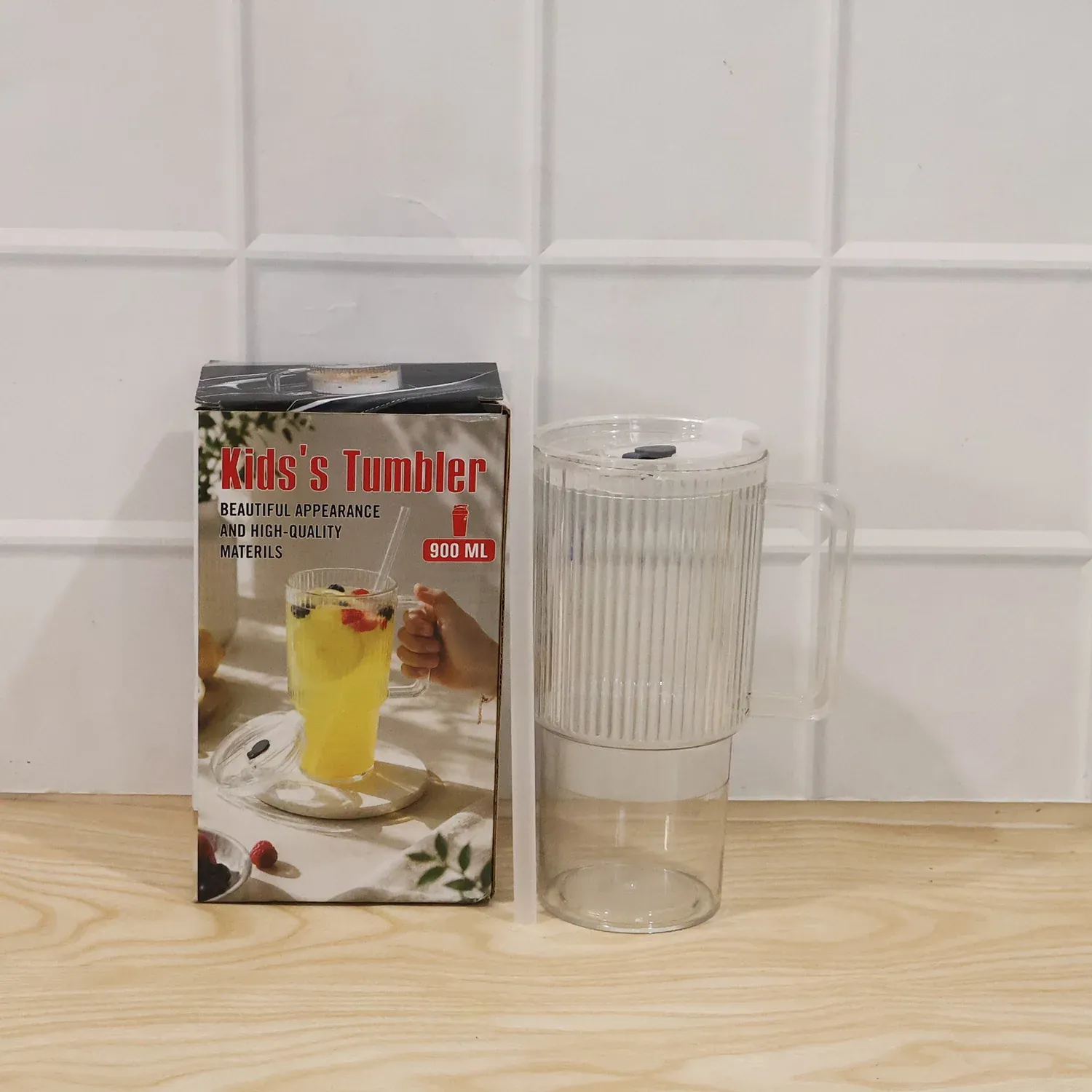 Kids Tumbler 900ml with Handle Lid and Straw Ribbed Water Sipper Cu... - Detailed Feature View 9