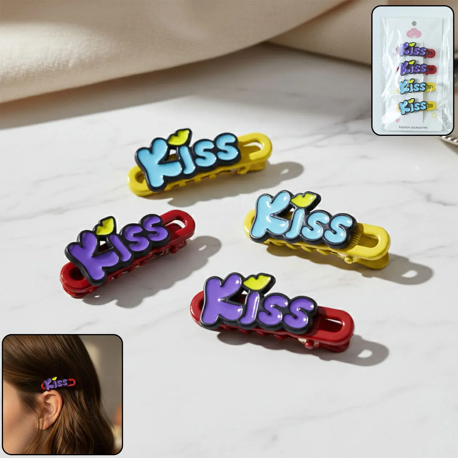 Premium Kiss Text Hair Clip Set – Trendy 4-Piece Decorative Hair Accessories - Buy Online at Alikart