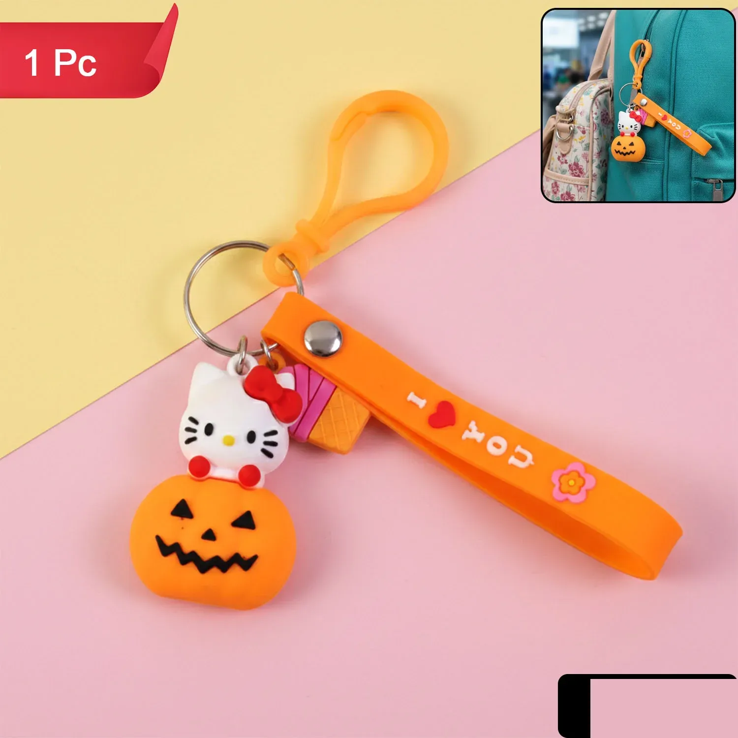 Kitty Pumpkin Keychain, Cute Cartoon Bag Charm Accessory - Detailed Feature View 1