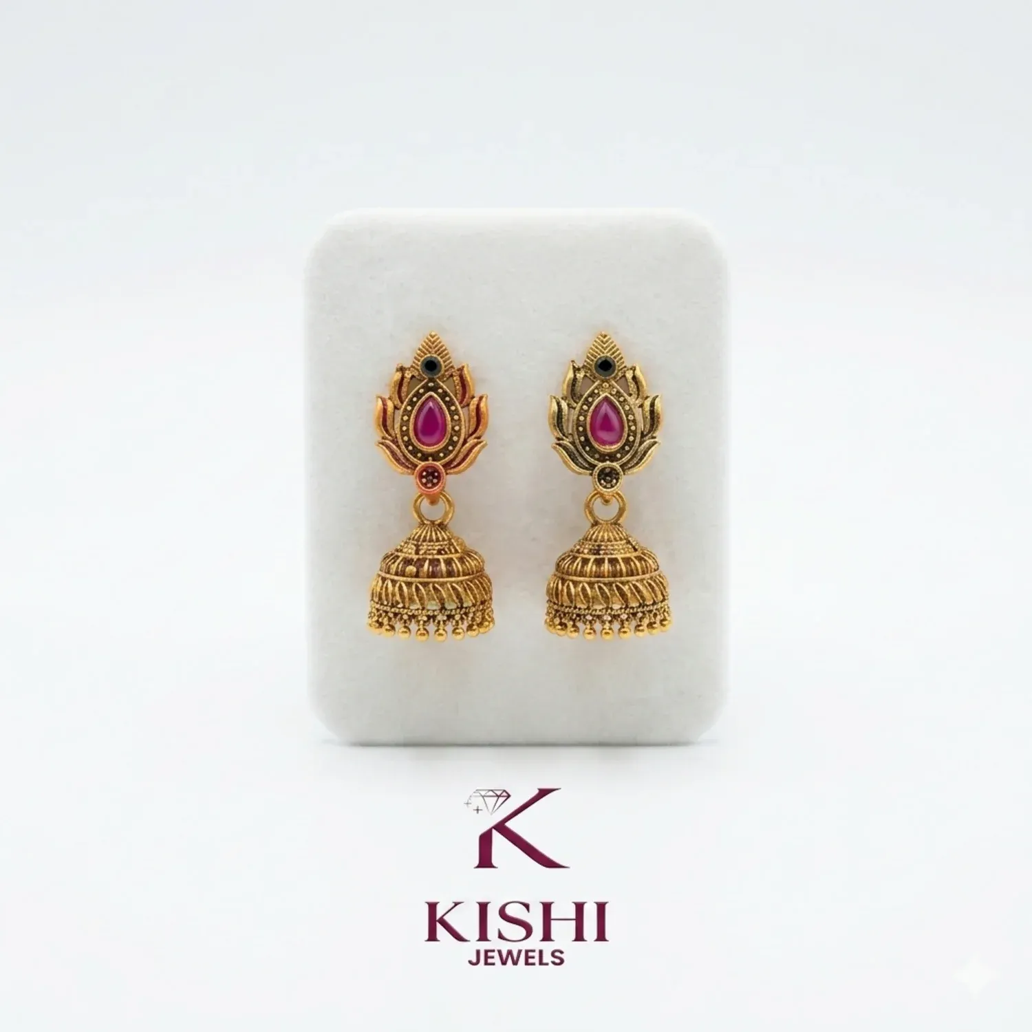 Antique Gold-Plated Matte South Indian Temple Jhumka Earrings with Ruby Leaf Stud - Detailed Feature View 2