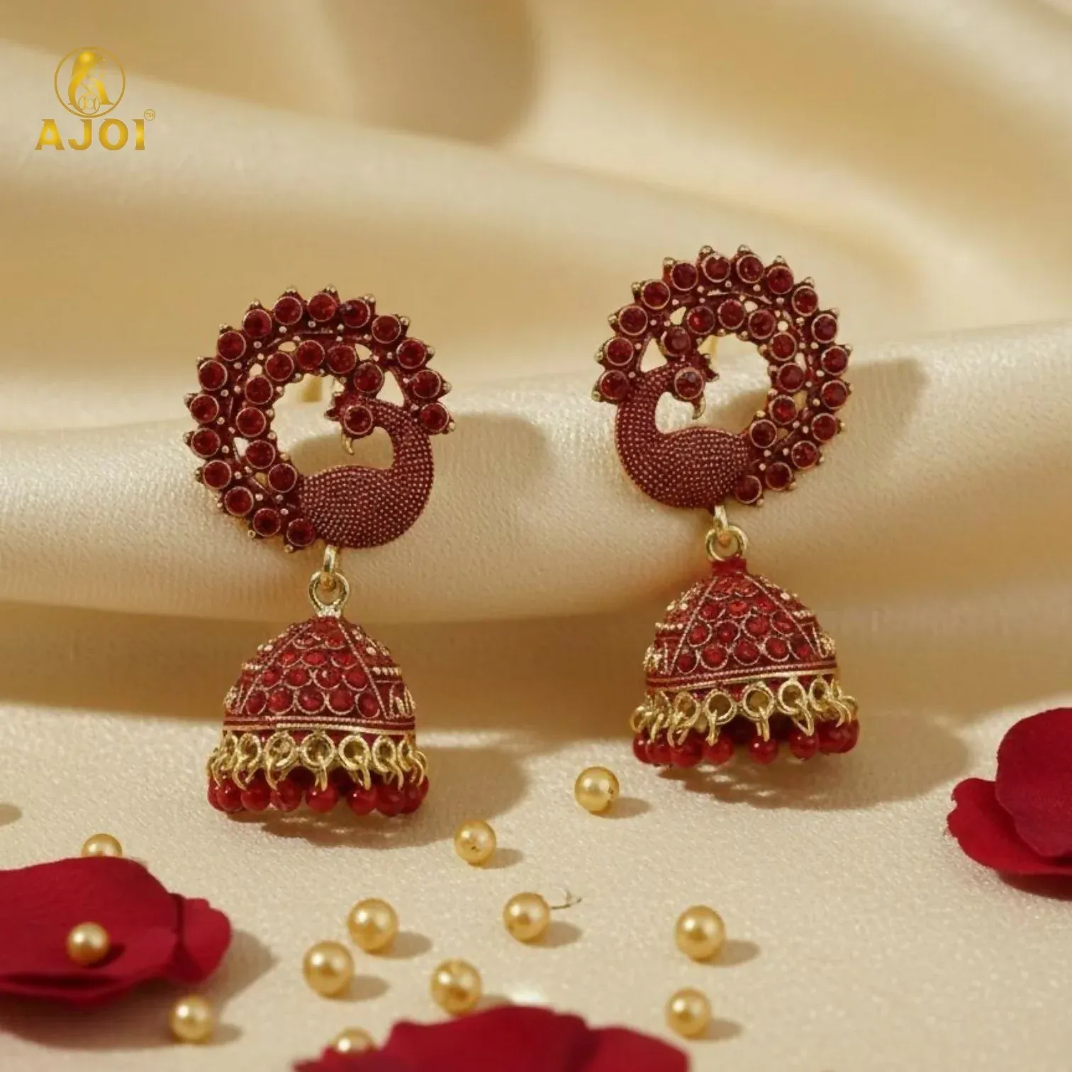 Premium Red Stone Bridal Jhumka Earrings – Premium Festive Elegance - Buy Online at Alikart