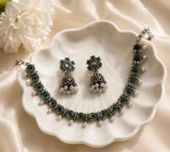 Peacock Design Oxidized Necklace Set With Matching Jhumka Earrings For Women