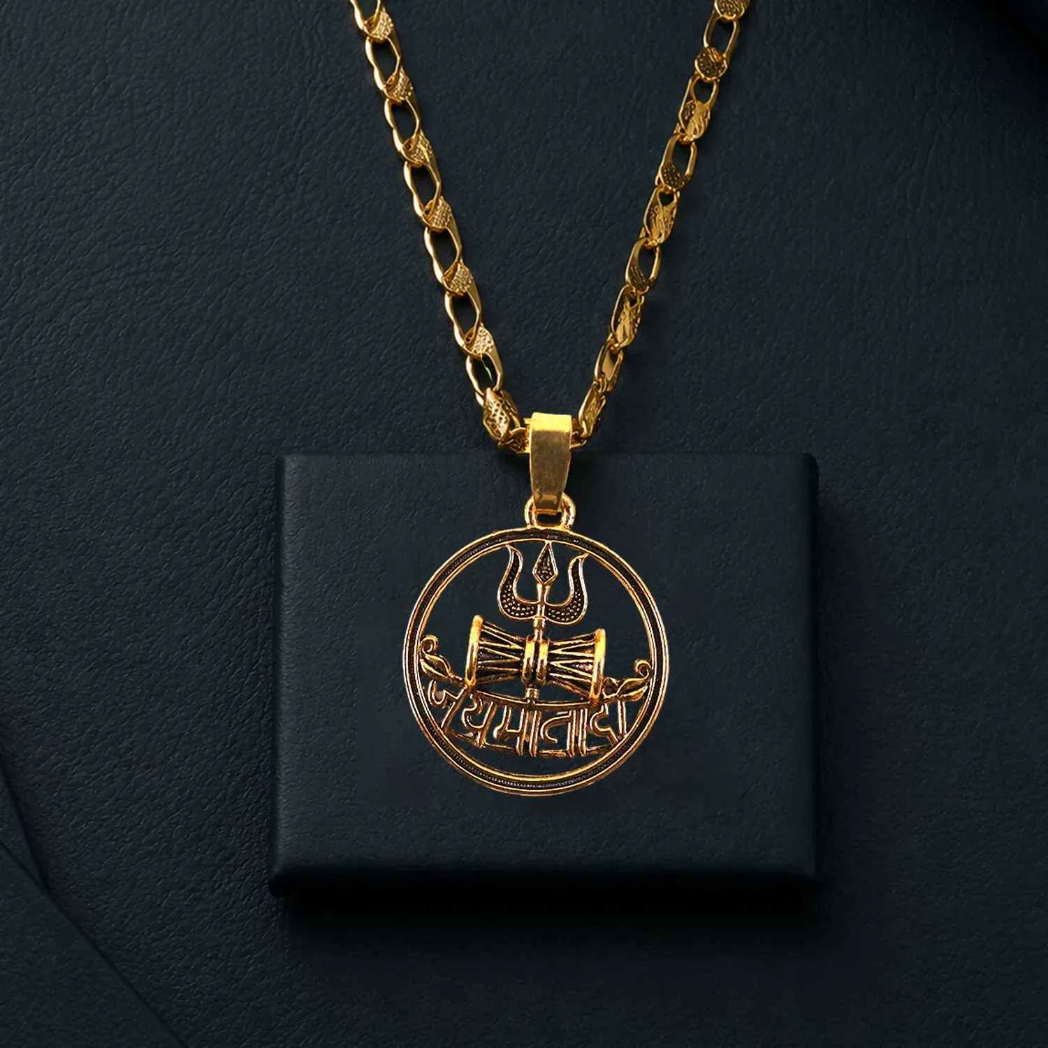Gold Finish Mahakal Trishul Damru Pendant Chain – Divine Symbol Jewelry - Detailed Feature View 1