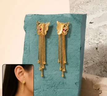 Gold Butterfly Dangle Earrings with Multi-Strand Chain Tassels & Fi…