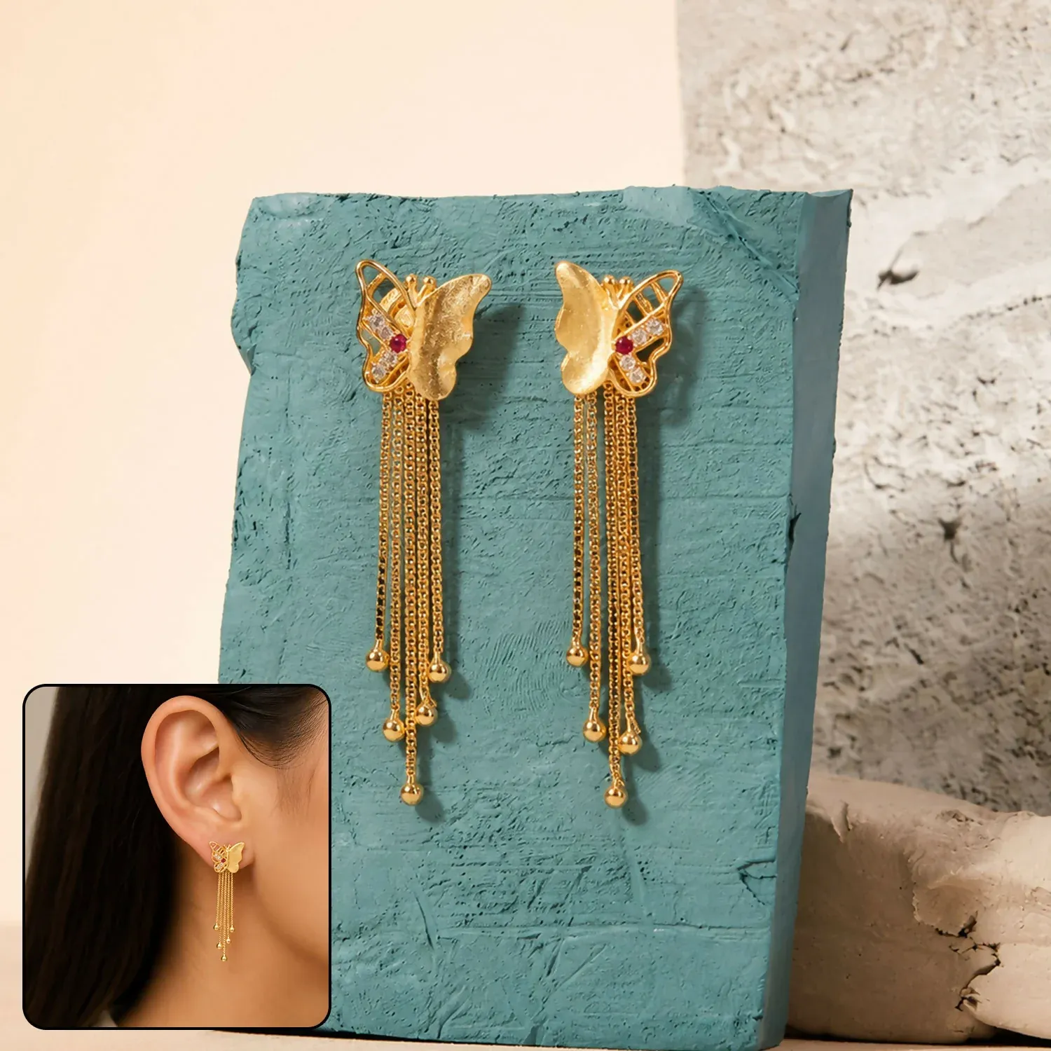 Premium Gold Butterfly Dangle Earrings with Multi-Strand Chain Tassels & Fi... - Buy Online at Alikart