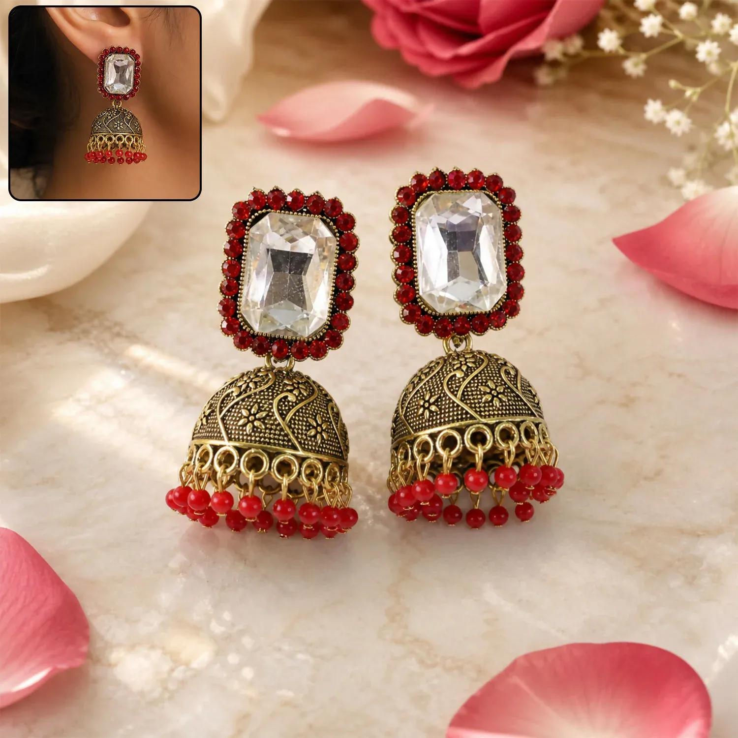 Premium Red Stone Jhumka Earrings – Traditional Antique Gold Finish for Festive Wear - Buy Online at Alikart