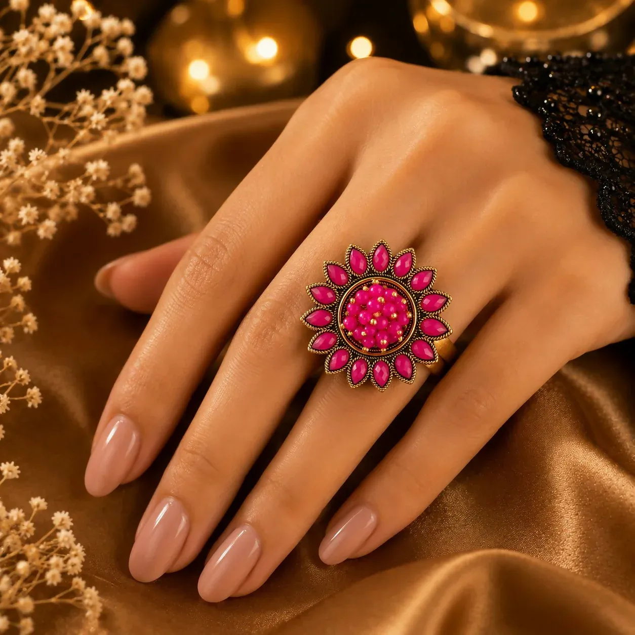 Elegant Pink Floral Statement Ring for Women | Vintage Gold Finish - Detailed Feature View 1